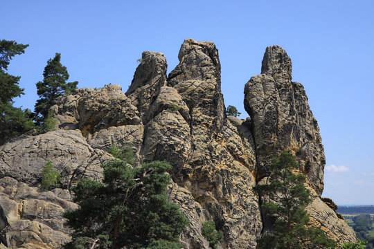 Close-up of the "Hamburger Wappen" rock formation at the Teufelsmauer near Timmenrode in the Harz mountains, Germany