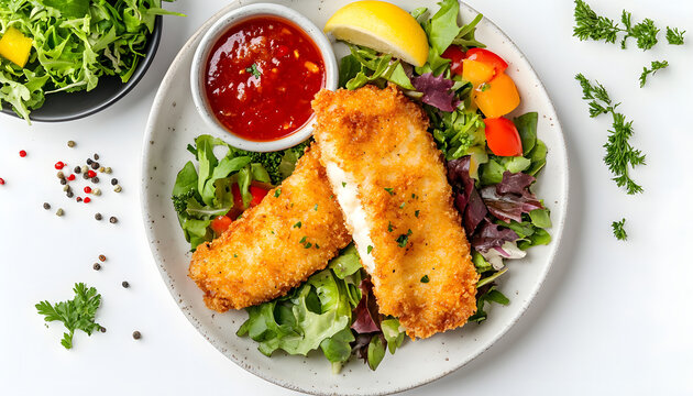 Crispy fried fish served with fresh salad and tangy sauce in a vibrant kitchen setting