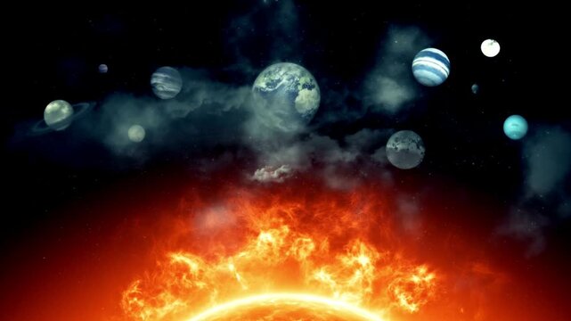 Cosmic solar system artistic fictional view with planets orbiting the bright sun in deep space in 4K Ultra HD footage.
