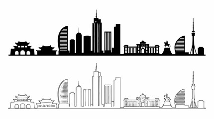 Fototapeta premium Ulaanbaatar Mongolia Skyline Silhouette in Solid and Outline Style