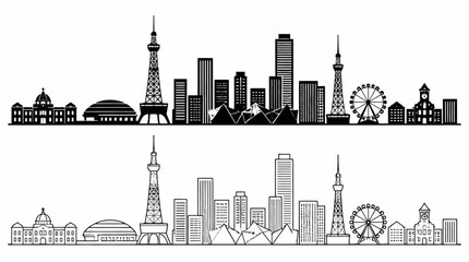 Obraz premium Sapporo City Skyline Silhouette in Black and White Outline Style