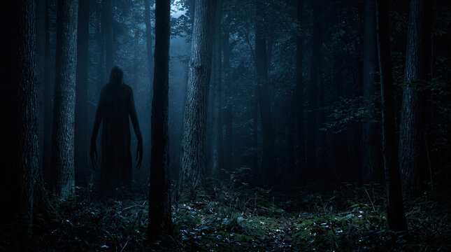 Tall dark monster standing in a misty forest at night. Creepy creature with long claws emerging from trees. Silhouette of a ghost for a Halloween party or spooky horror concept art.