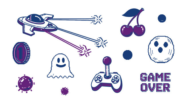 Retro Pixel Art Arcade Game Elements Collection.
A vibrant collection of retro pixel art style icons and elements related to classic arcade and video games. The set features a spaceship firing multi-c
