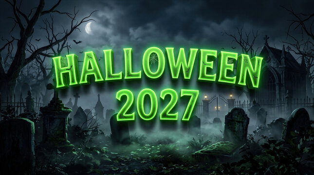 Neon green Halloween 2027 sign glowing over a dark eerie cemetery with gravestones and mist at night. Spooky gothic graveyard background for holiday celebration and festivity design.