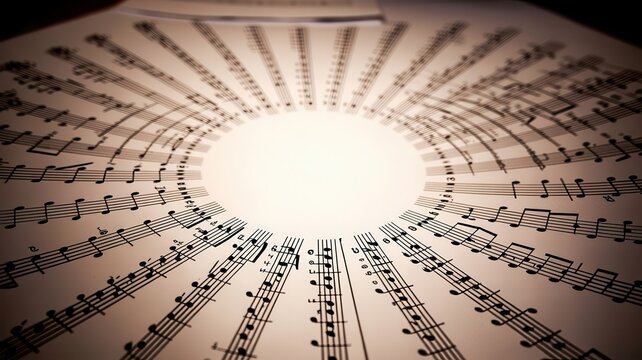 Circular musical score with radial arrangement of notes on vintage paper