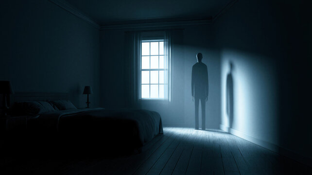 Scary man standing in a dark bedroom at night. Sinister shadow figure blocking the moonlight through the window. Concept of Halloween, ghost story, horror scene and psychological thriller.