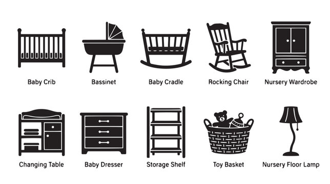 Nursery furniture icon set, 10 baby room interior elements in black silhouette, minimalist baby crib and nursery wardrobe vector illustrations