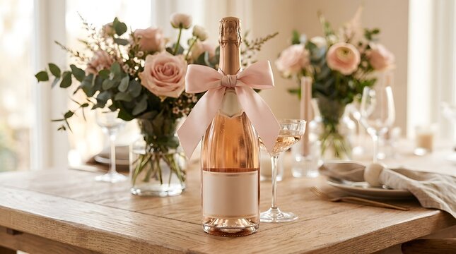 Celebratory ros champagne with ribbon and floral arrangement for special occasions and gift giving