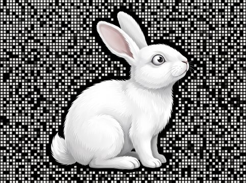 Fluffy white rabbit illustration looking up against a dark black background patterned with small grey square dots