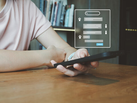 Young woman holding smartphone on wooden table with chatbot interface overlay conveying relaxed digital communication and instant messaging