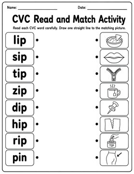 Literacy worksheet for early readers featuring cvc word matching activity with black and white line education
