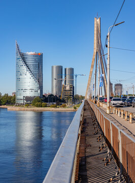 Riga, Latvia - August 27, 2025: A picture of the Kipsala district in Riga and the Vansu Bridge.