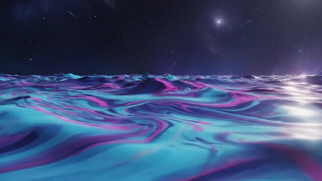 Abstract 4K Motion Background Featuring Ethereal Neon Liquid Waves Flowing Under A Deep Cosmic Starry Galaxy Sky
