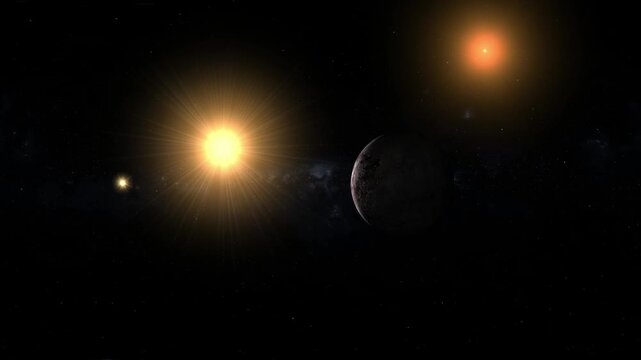 Alpha Centauri stars travel towards exoplanet Proxima Centauri b with a red star in dark space in 4K Ultra HD footage.
