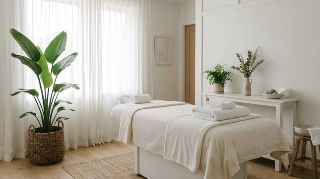 Serene spa treatment room with natural light and minimalist decor for wellness and relaxation