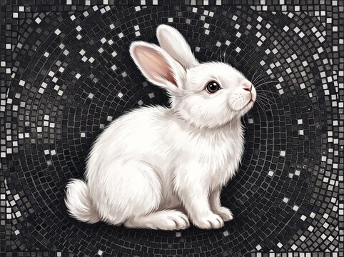 Fluffy white rabbit illustration looking up against a dark black background patterned with small grey square dots