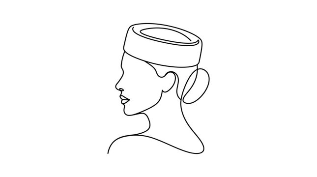 Stewardess wearing a pillbox hat is shown in a minimalist profile illustration created with a single continuous line.