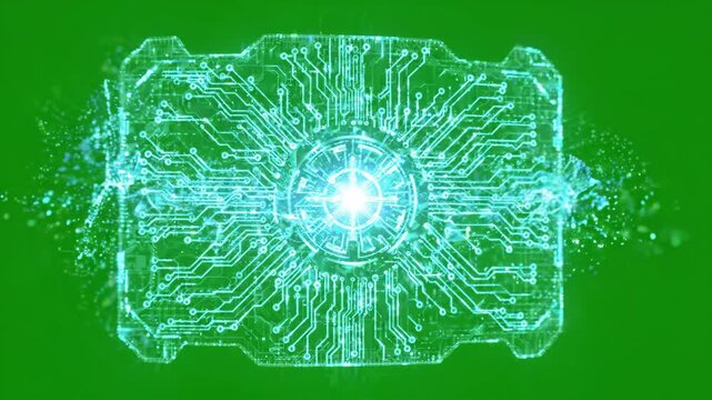 Digital holographic security shield with glowing circuit patterns rotating on a bright green screen background