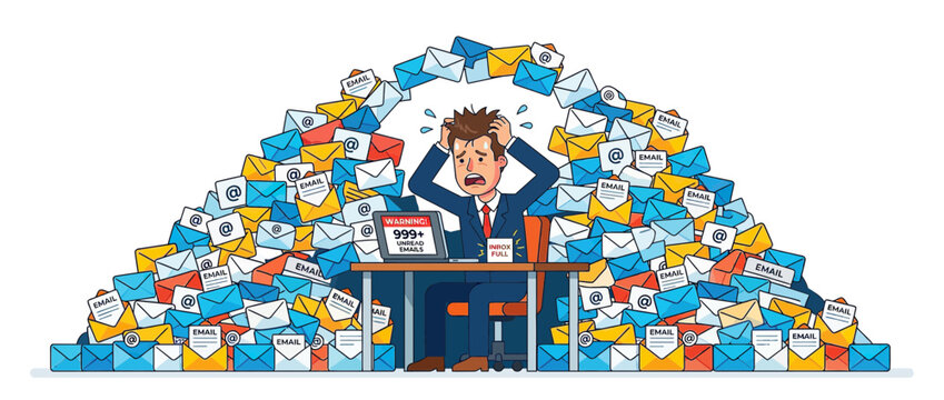 Overwhelmed businessman buried in a mountain of emails
