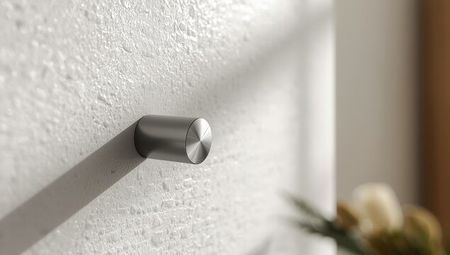 Detailed view of a metal wall hook attached to a rough white wall, with a hazy backdrop.