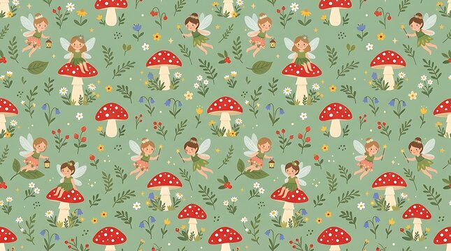 Seamless pattern with cute fairies and mushrooms in a magic forest