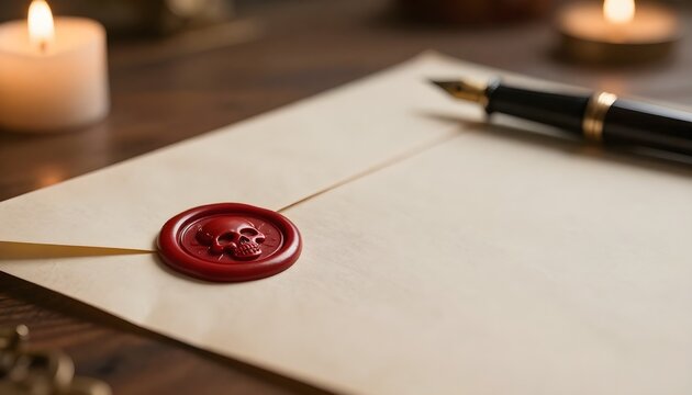 ancient letter sealed with crimson wax and skull emblem