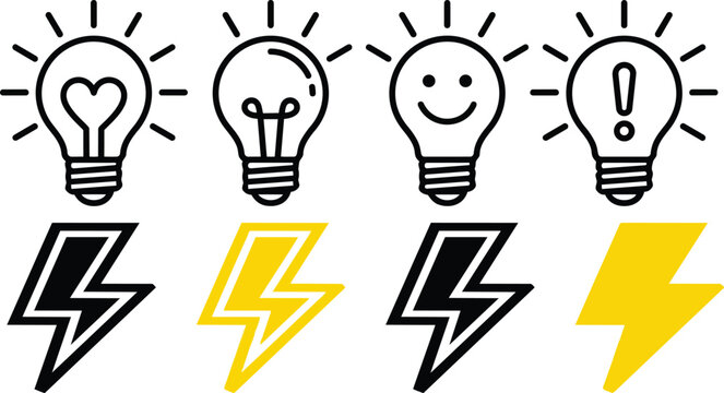 Minimalist vector graphic set featuring creative light bulb icons with heart smiley and exclamation marks paired with bold lightning bolt symbols presented on transparent background