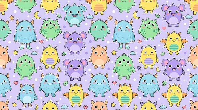 Cute colorful monsters seamless pattern on purple background