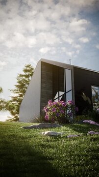 Modern Scandinavian Barn House Exterior with Blooming Garden &ndash; Cinematic 3D Animation, Vertical Video