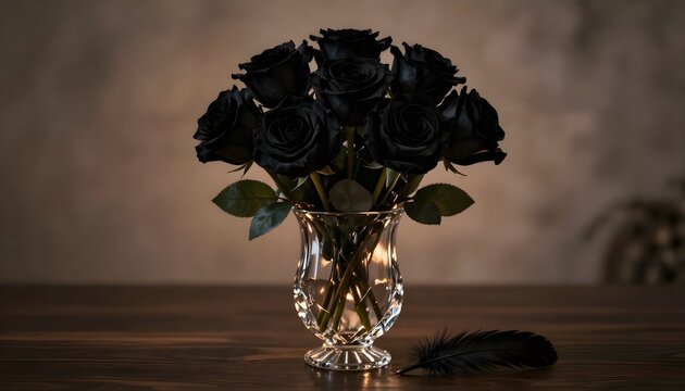 velvety black rose bouquet in crystal vase on dark wood