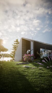 Modern Scandinavian Barn House Exterior with Blooming Garden &ndash; Cinematic 3D Animation, Vertical Video