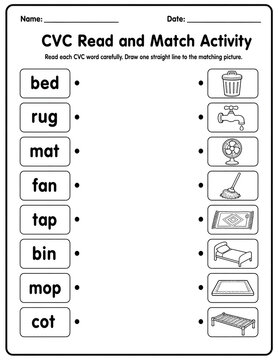 Phonics cvc read and match worksheet for early learners with words like bed, rug, mat, fan, tap, bin, mop, cot and