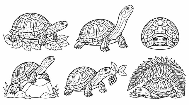 Set of cute turtles in various poses, black and white coloring page