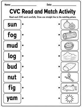Phonics cvc read and match worksheet for kids featuring sun, fog, mud, log, bud, nut, fig, and yam vocabulary exercises