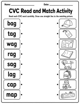 Phonics cvc read and match worksheet for kindergarten featuring bag, tag, wag, rag, sag, lag, cap, and map word exercises