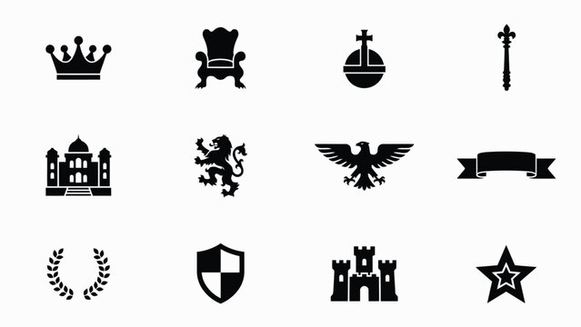 Classic black symbolic icons set with bold silhouette style against neutral background displays minimalist collection with heraldic shields majestic