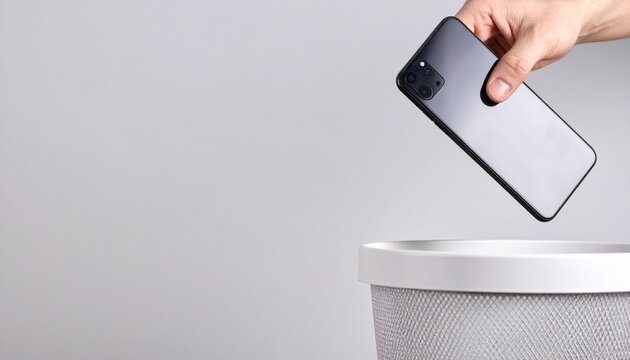 Close up hand putting smartphone into plastic basket on a grey background. Dependance and digital detox concept.