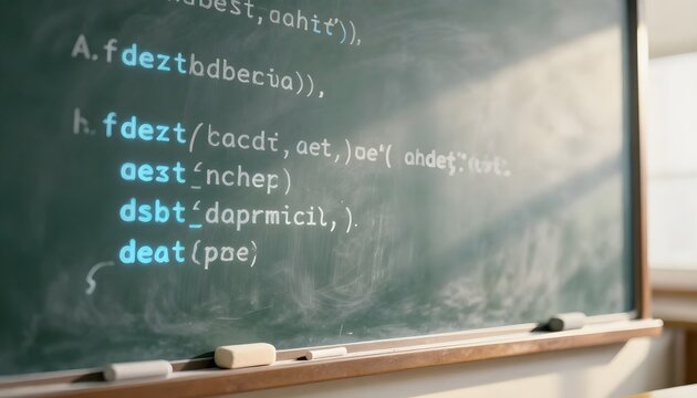 glowing code written in chalk on classroom blackboard