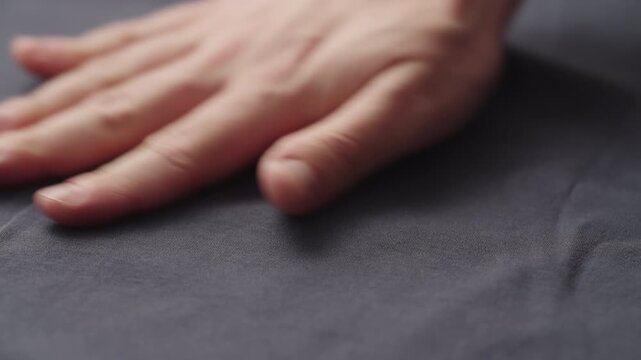 Slow motion man hand checking blue cotton jersey cloth