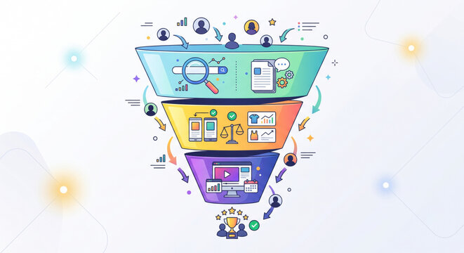 Iconic funnel: TOFU awareness, MOFU consideration, BOFU conversion; nurture emails and demos close.
