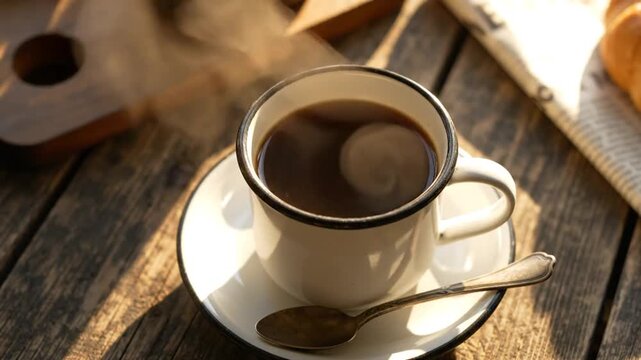 Hot Morning Coffee: A steaming cup of rich black coffee sits on a saucer with a spoon, set on a rustic wooden table, evoking warmth and a sense of cozy morning ritual.