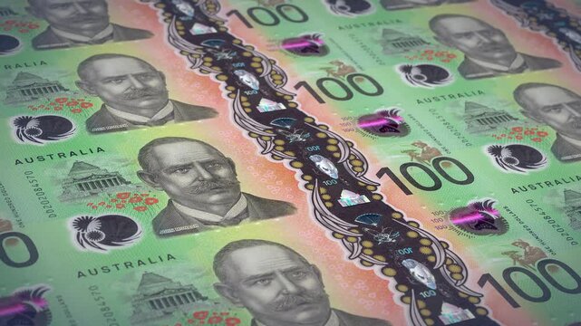 100 Australian Dollar Banknotes Pattern Background Close Up, AUD Currency and Australia Financial Economy Concept