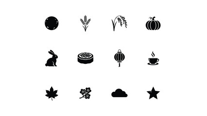 Fototapeta premium Minimalist seasonal icons set with high contrast black white grid twelve minimalist icons representing seasonal themes celestial elements modern
