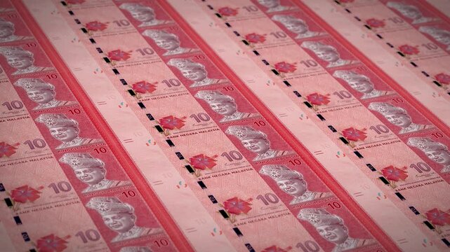 10 Malaysian Ringgit Banknotes Pattern Background Close Up, MYR Currency and Malaysia Financial Economy Concept
