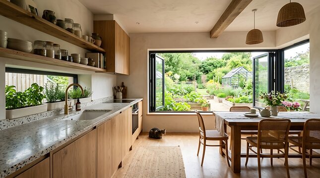 Interior view of bright eco-friendly kitchen with wooden cabinets and open bi-fold windows facing garden