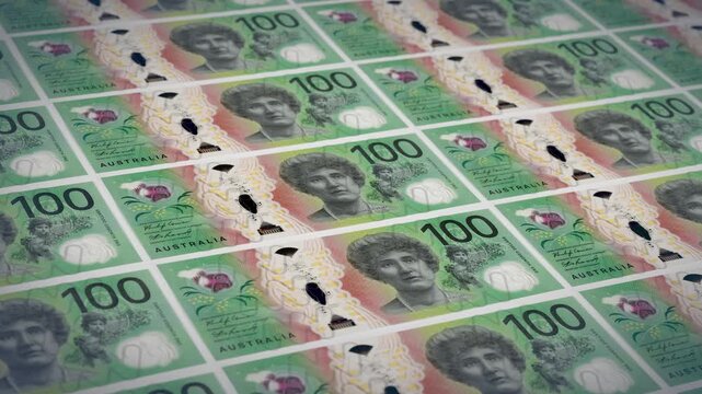 100 Australian Dollar Banknotes Pattern Background Close Up, AUD Currency and Australia Financial Economy Concept