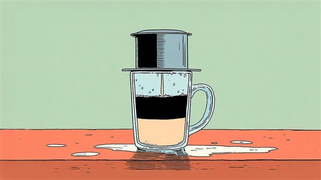 Traditional stainless steel Vietnamese coffee phin filter dripping black espresso glass mug condensed milk layers wooden table flat comic pop art style illustration light green background