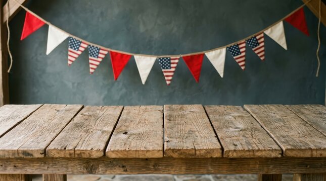 Usa labor day celebration rustic wooden table with patriotic american flag bunting
