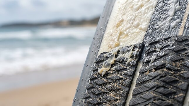 Surfboard with traction pad and fresh wax at the beach