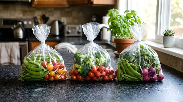 Freshly washed produce in clear bags snap peas broccoli tomatoes and radishes on kitchen countertop